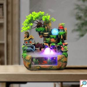 Διακοσμητικό Συντριβάνι Feng Shui με Σπιτάκι, Δέντρο, Λίμνη, Τρεχούμενο Νερό & Πολύχρωμο Φωτισμό LED 30x20x30cm