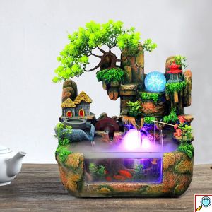 Διακοσμητικό Συντριβάνι Feng Shui με Σπιτάκι, Δέντρο, Λίμνη, Τρεχούμενο Νερό & Πολύχρωμο Φωτισμό LED 30x20x30cm