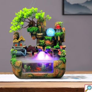 Διακοσμητικό Συντριβάνι Feng Shui με Σπιτάκι, Δέντρο, Λίμνη, Τρεχούμενο Νερό & Πολύχρωμο Φωτισμό LED 30x20x30cm