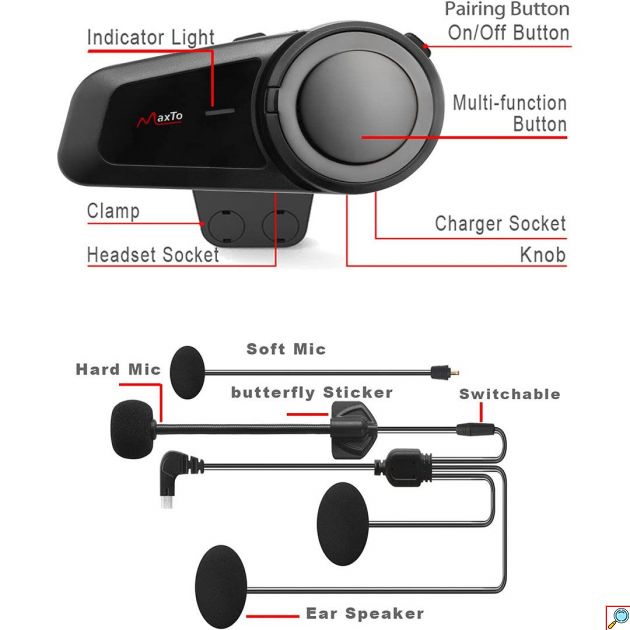 Σύστημα Μονής Ενδοεπικοινωνίας Bluetooth/FM Radio για Κράνος Μηχανής Maxto M2 Intercom 