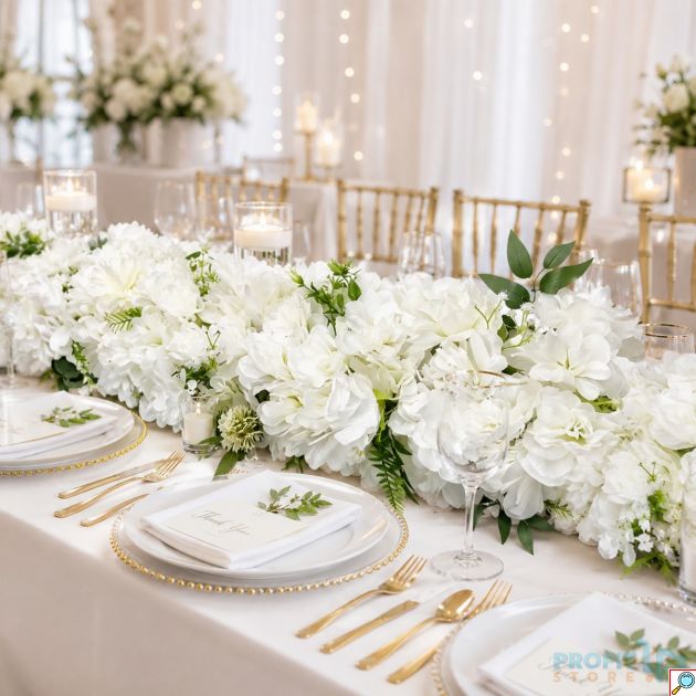 Τεχνητή Σύνθεση Λουλουδιών 100x30cm - Floral Runner, Λευκή Ορτανσία & Τριαντάφυλλα