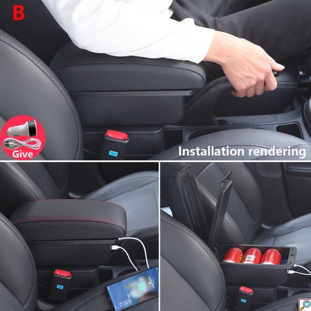 Πτυσσόμενη Κονσόλα Χειρόφρενου & 6πλός Φορτιστής USB με Ποτηροθήκη & Τασάκι Universal - Τεμπέλης Αυτοκινήτου Μαύρο