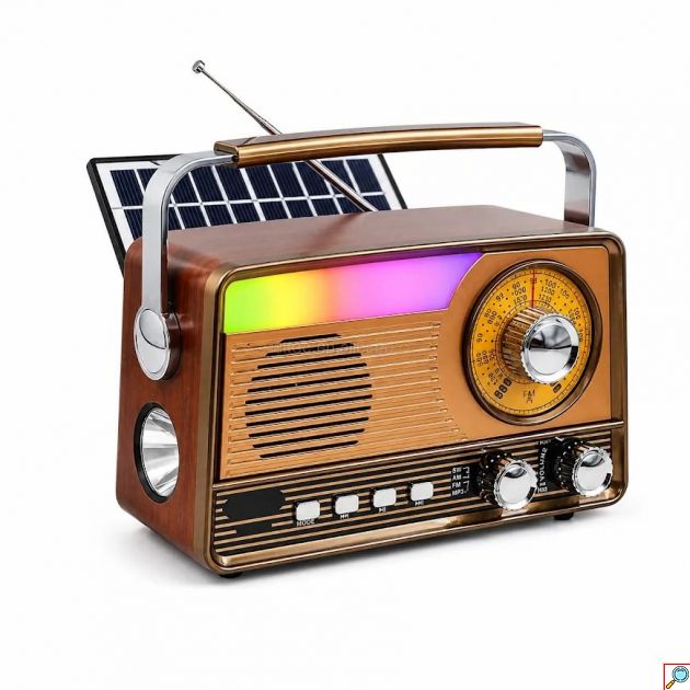 Ρετρό Bluetooth Ραδιόφωνο - Ηλιακή Φόρτιση, RGB Φωτισμός & Φακός - FM/AM/SW, USB/TF, Φορητό Ηχείο για Κάμπινγκ & Σπίτι