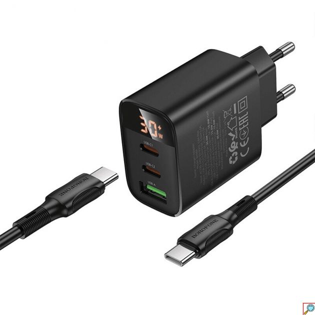 Φορτιστής Τοίχου Borofone BA98A 30W PD – 2x USB-C & USB-A | Ταχεία Φόρτιση, LED Οθόνη & Καλώδιο Lightning, για iPhone, Android, Tablet