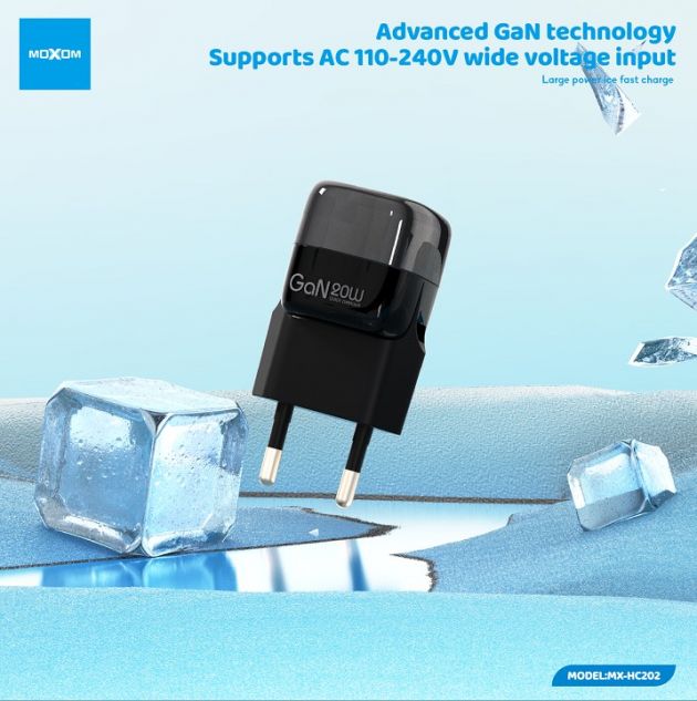 Φορτιστής Τοίχου GaN MOXOM MX-HC202 20W – Ταχεία Φόρτιση PD με USB-C - Τεχνολογία GaN, Συμπαγής Σχεδιασμός, Γρήγορος Φορτιστής για Smartphone