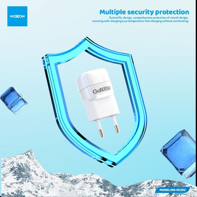 Φορτιστής Τοίχου GaN MOXOM MX-HC202 20W – Ταχεία Φόρτιση PD με USB-C - Τεχνολογία GaN, Συμπαγής Σχεδιασμός, Γρήγορος Φορτιστής για Smartphone