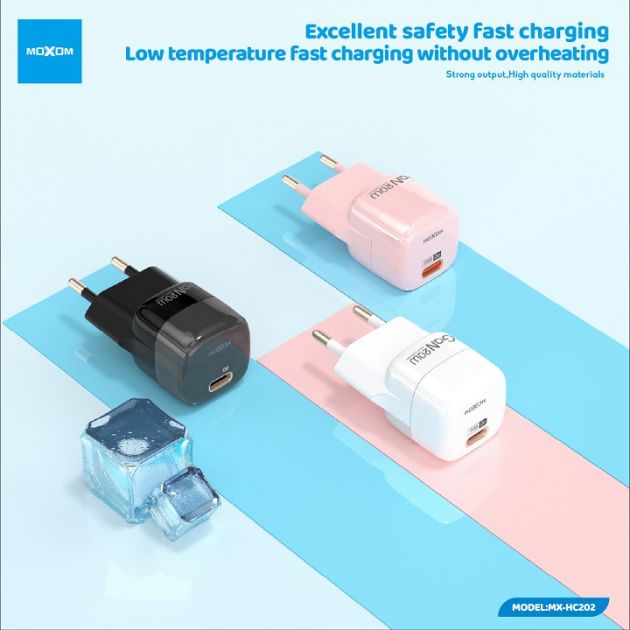 Φορτιστής Τοίχου GaN MOXOM MX-HC202 20W – Ταχεία Φόρτιση PD με USB-C - Τεχνολογία GaN, Συμπαγής Σχεδιασμός, Γρήγορος Φορτιστής για Smartphone