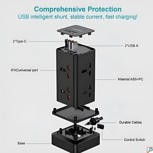 Πολύπριζο Tower Anrmesun 11 σε 1 – 2400W με 8 Πρίζες Σούκο & 3 USB - Καλώδιο 2m, Προστασία Υπερφόρτωσης, για Γραφείο & Σπίτι