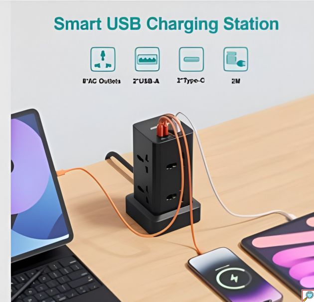 Πολύπριζο Tower Anrmesun 11 σε 1 – 2400W με 8 Πρίζες Σούκο & 3 USB - Καλώδιο 2m, Προστασία Υπερφόρτωσης, για Γραφείο & Σπίτι