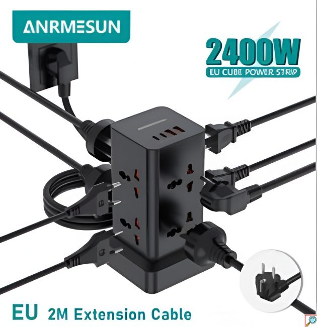 Πολύπριζο Tower Anrmesun 11 σε 1 – 2400W με 8 Πρίζες Σούκο & 3 USB - Καλώδιο 2m, Προστασία Υπερφόρτωσης, για Γραφείο & Σπίτι