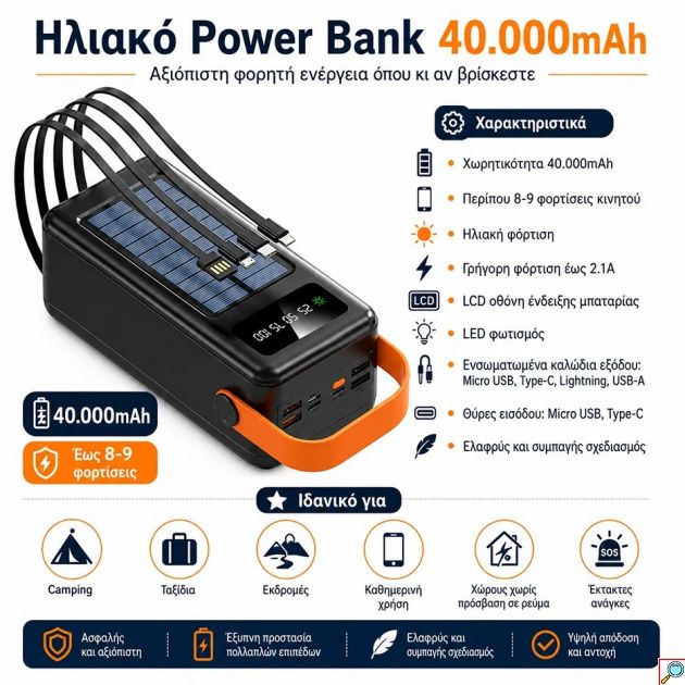 Ηλιακό Power Bank TR-957 40.000mAh – Ενέργεια Παντού | Με 4 Ενσωματωμένα Καλώδια, Οθόνη LCD, Φακό LED, Γρήγορη Φόρτιση 2.1A