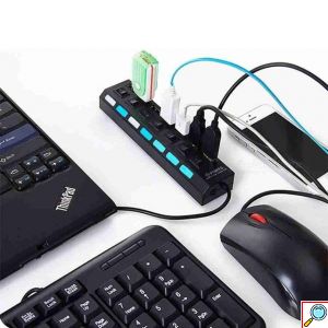 TREQA Αντάπτορας - USB HUB Γρήγορης Φόρτισης & Μεταφοράς Δεδομένων έως 5Gbps με 7 Θύρες USB 3.0 LED Φωτισμό Λειτουργίας & Διακόπτες On/ Off
