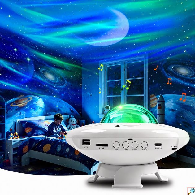 UFO Projector - Προβολέας Έναστρου Ουρανού & Northern Lights με Ηχείο - Ατμοσφαιρικός Φωτισμός LED, Τηλεχειριστήριο & Bluetooth
