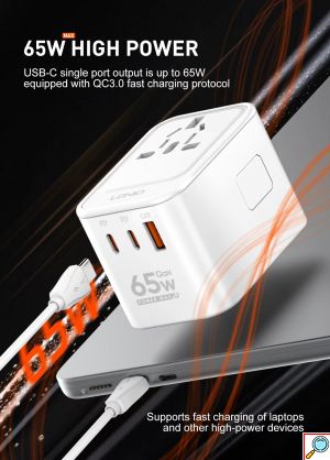 Universal Αντάπτορας Ταξιδίου 65W - 3 θύρες USB GaN - Ldnio