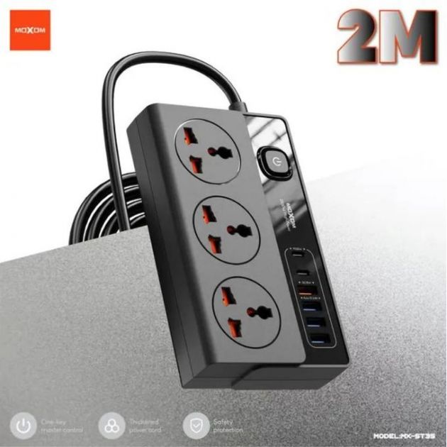Universal Πολύπριζο 3 Θέσεων με 4 Θύρες USB & 2 Θύρες USB-C & Καλώδιο 2m - Moxom