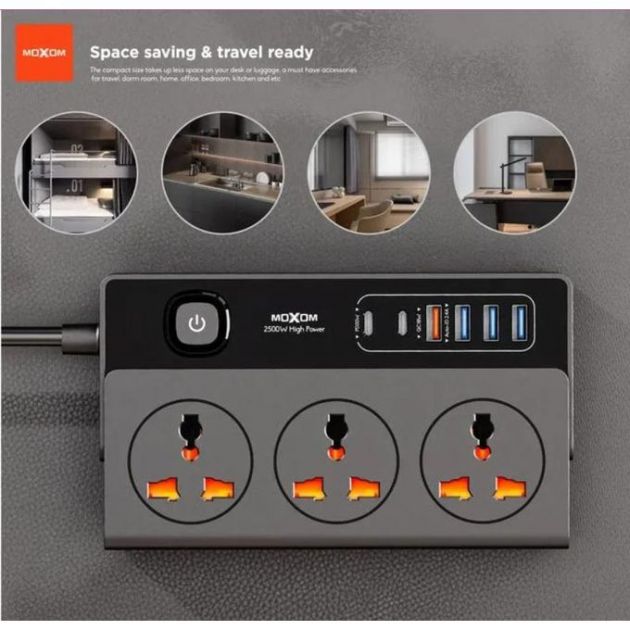 Universal Πολύπριζο 3 Θέσεων με 4 Θύρες USB & 2 Θύρες USB-C & Καλώδιο 2m - Moxom