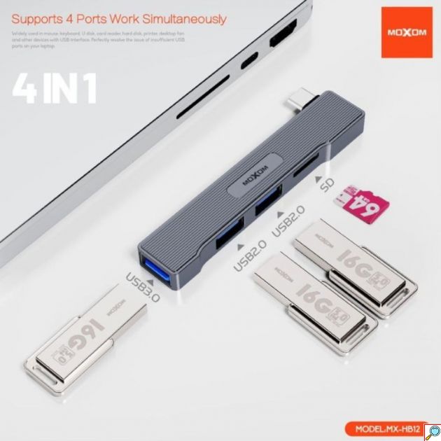 USB-C Hub 4 σε 1 Moxom – Ευέλικτη Συνδεσιμότητα με Αναγνώστη Καρτών