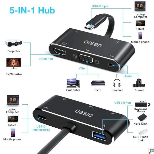 USB-C Hub 5 σε 1 Onten – HDMI 4K, VGA & USB 3.0 - Μετατροπέας για Laptop, MacBook, Tablet με Power Delivery 60W & Audio Out