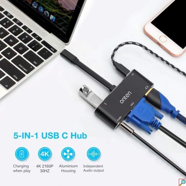 USB-C Hub 5 σε 1 Onten – HDMI 4K, VGA & USB 3.0 - Μετατροπέας για Laptop, MacBook, Tablet με Power Delivery 60W & Audio Out
