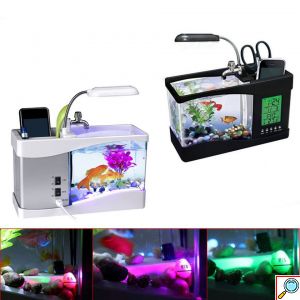 Mini Ενυδρείο - Μολυβοθήκη με Φωτισμό LED, Ηχείο & Οθόνη LCD με Ρολόι, Ημερολόγιο & Ξυπνητήρι USB 2,2Lt