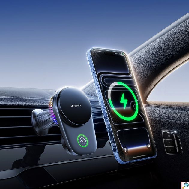 Μαγνητική Βάση Κινητού Αυτοκινήτου Remax RM-C72 – Ασύρματη Φόρτιση 15W & Ψύξη | MagSafe, Περιστροφή 90°, RGB LED, Για Κινητά 4.7-7.2