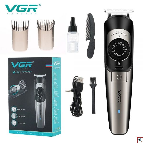 VGR® Αδιάβροχη Επαναφορτιζόμενη Επαγγελματική Κουρευτική Μηχανή με Λεπίδα Ανοξείδωτου Χάλυβα Ρυθμιζόμενη 1-20mm V-088