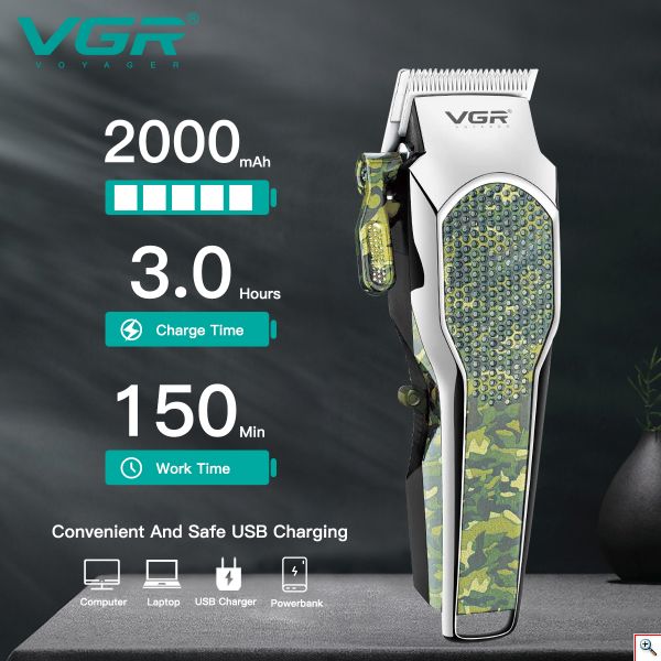 VGR® Επαγγελματική Επαναφορτιζόμενη Κουρευτική Μηχανή σε χρώμα Παραλλαγής Ρυθμιζόμενου Μήκους - Camuflage Hair Trimmer V-299