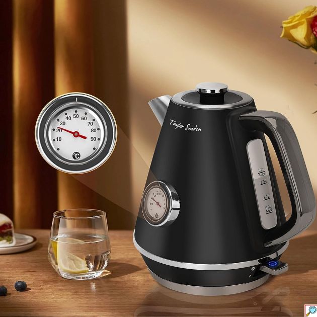 Ηλεκτρικός Βραστήρας 1.7L 2200W – Ρετρό Σχέδιο με Ένδειξη Θερμοκρασίας - Γρήγορος Βρασμός, Ανοξείδωτος, Μαύρος