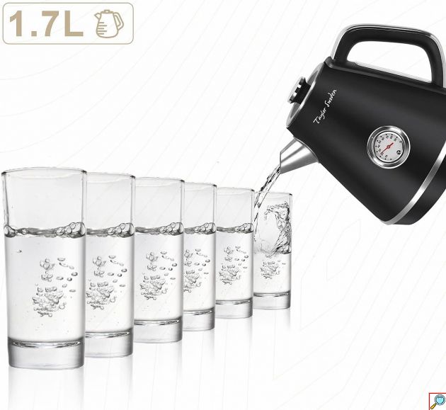 Ηλεκτρικός Βραστήρας 1.7L 2200W – Ρετρό Σχέδιο με Ένδειξη Θερμοκρασίας - Γρήγορος Βρασμός, Ανοξείδωτος, Μαύρος