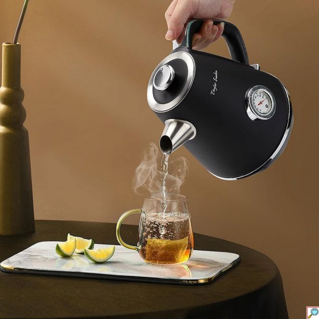 Ηλεκτρικός Βραστήρας 1.7L 2200W – Ρετρό Σχέδιο με Ένδειξη Θερμοκρασίας - Γρήγορος Βρασμός, Ανοξείδωτος, Μαύρος