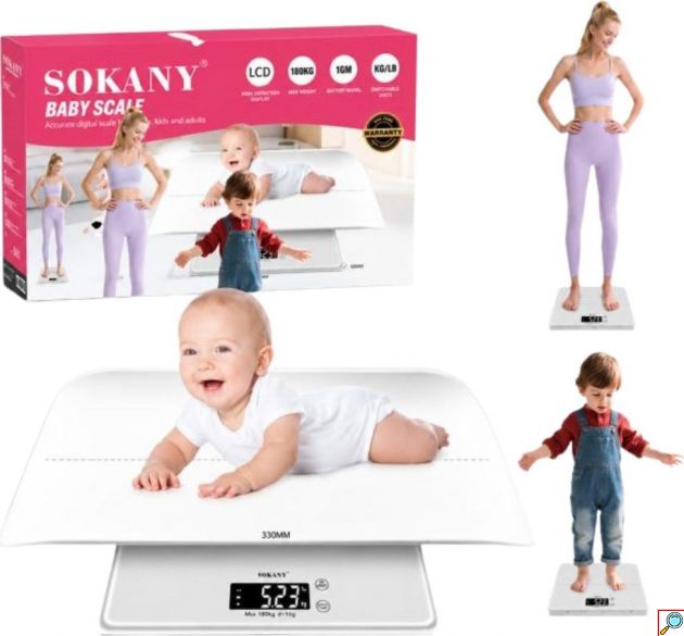 Ψηφιακή Βρεφική Ζυγαριά Sokany SK-19083 2 σε 1 έως 180kg - Με Αποσπώμενο Δίσκο, Λειτουργία Απόβαρου & Ακρίβεια 10g για Όλη την Οικογένεια