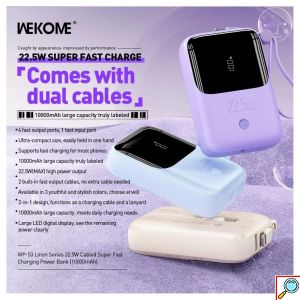 Wekome WP-53 Power Bank Γρήγορης Φόρτισης με 2 Ενσωματωμένα Καλώδια – 10000mAh 22.5W, Γαλάζιο