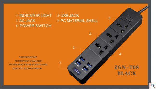 Παγκόσμιο Πολύπριζο Ταξιδιού Ασφαλείας Σούκο 3 Θέσεων με 4 Θύρες USB 3.1A - 4 USB Power Socket